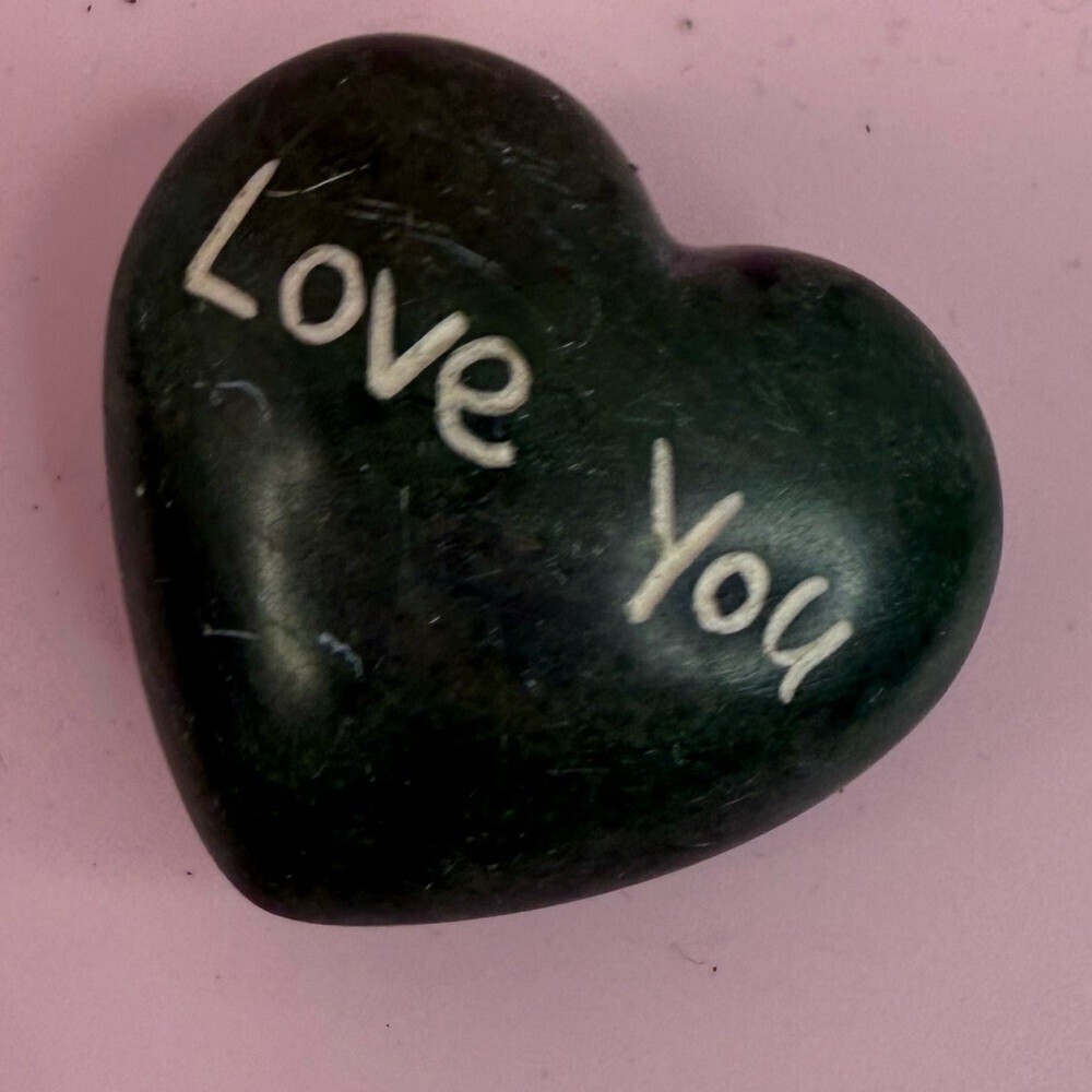 Heart-Shaped Stone Engraved "Love You" — Dark Green geode crystal